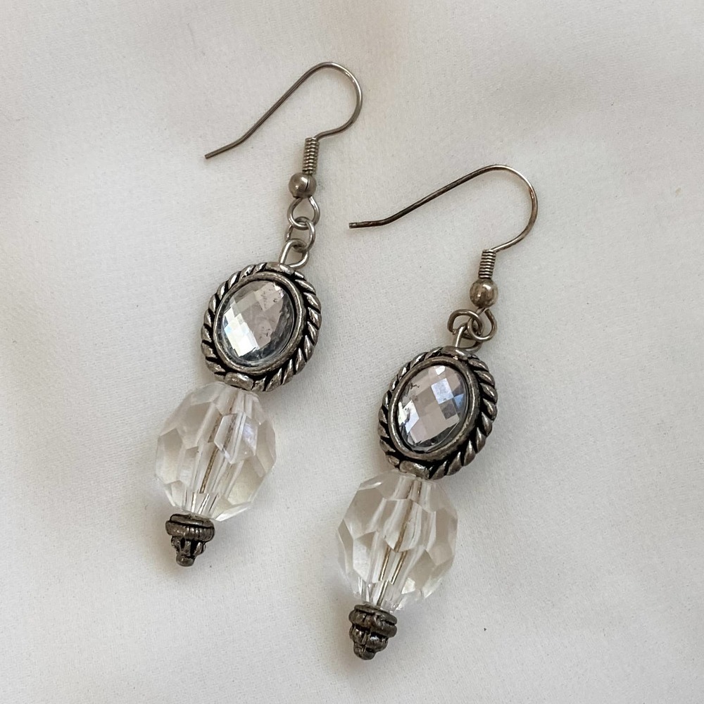 VTG Silver Oval Clear Bead Earrings